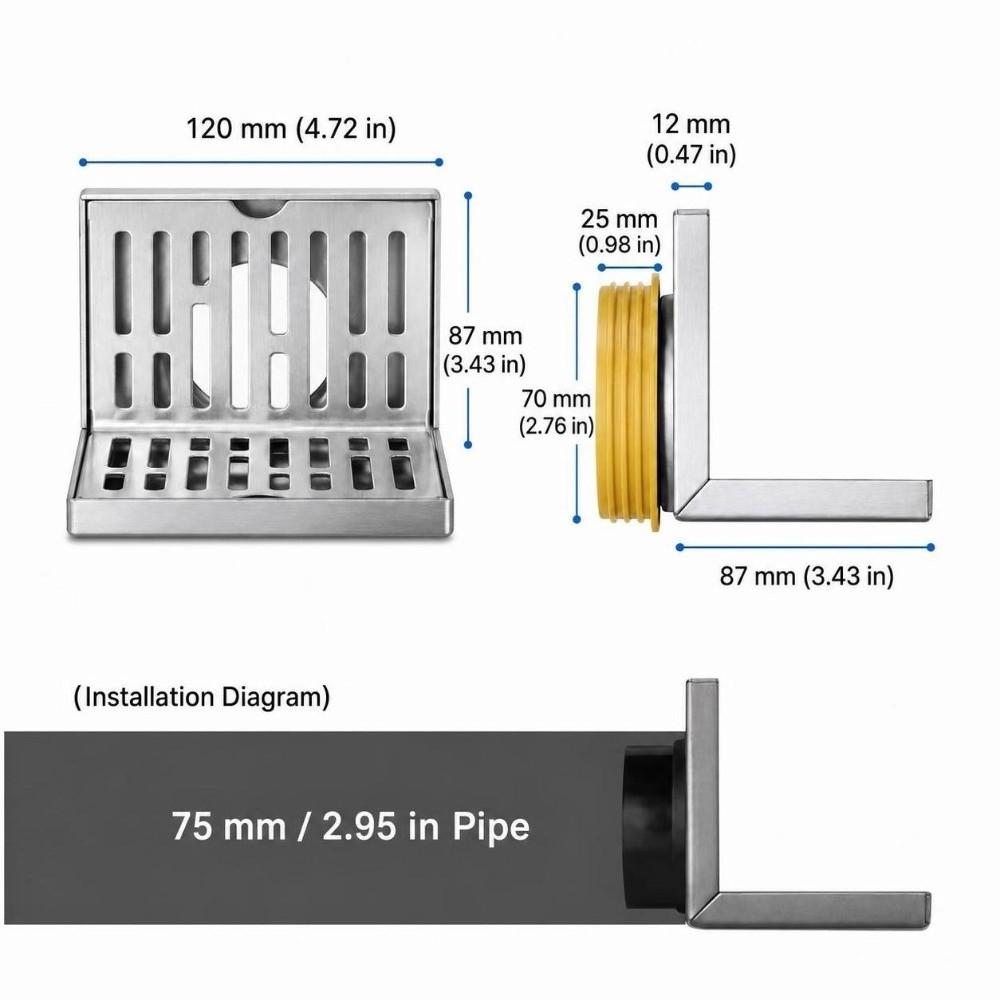 L-Shaped Structure Wall Drain Fits 2.95 Inch Pipe Corner Floor Drain Modern Floor Drain Balcony