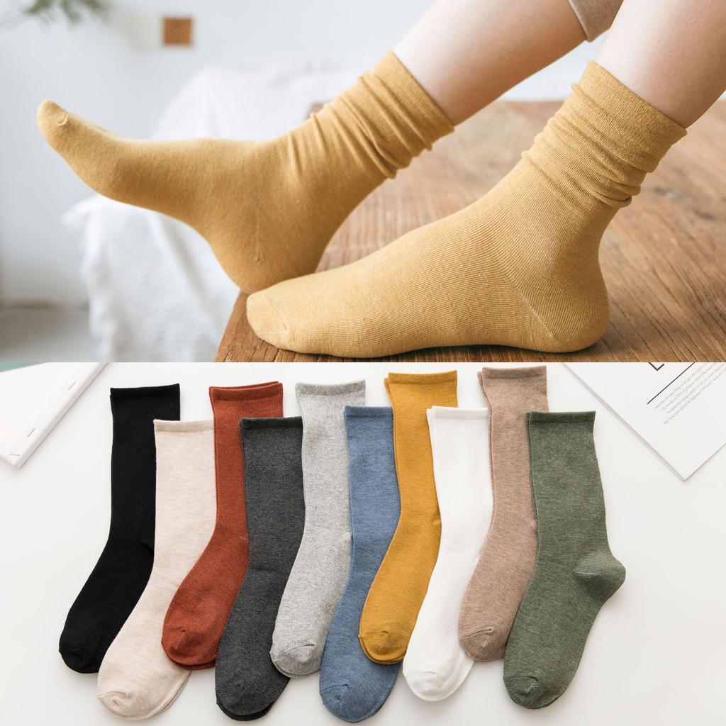 Female Autumn and Winter New Products Retro All Match Pure Color Cotton Tube Stack Socks