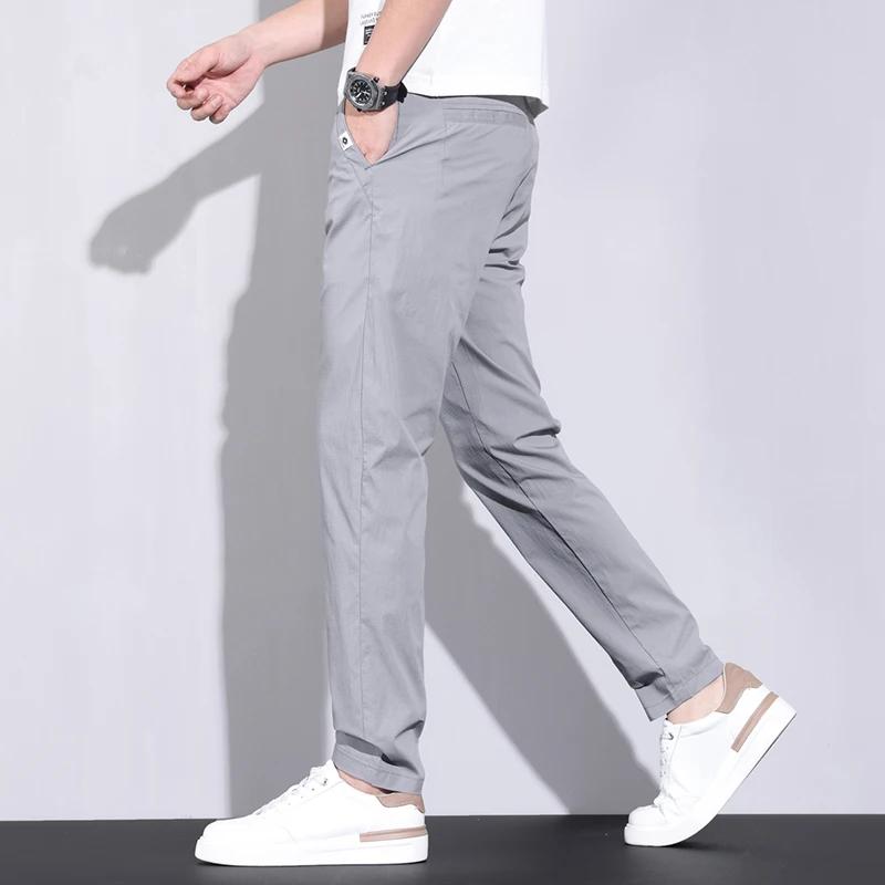Ultra-thin Elastic Men's Casual Pants Summer Ice Silk Cotton Fashion Slim Straight Business Trousers Black Gray Khaki