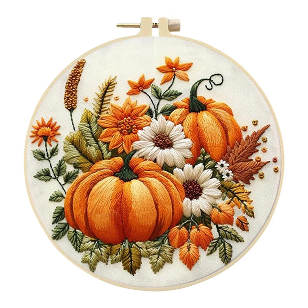 Halloween Stamped Cross Stitch Embroidery Kits with Hoop Cloth Color Thread for Beginners DIY Arts Ornament Cross Stitch Sets