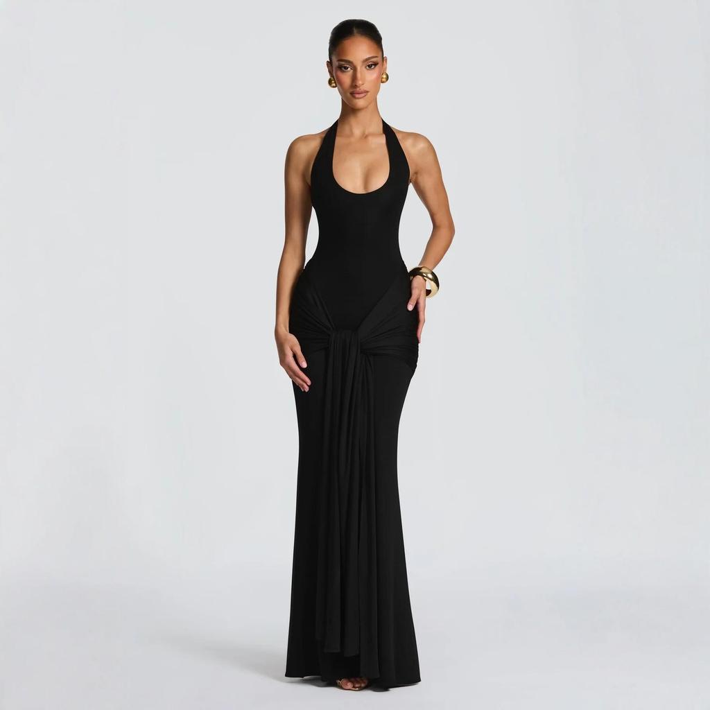 2026 European & American Women's Sleeveless U-Neck Slim-Fit Evening Gown with Waist-Cinched Ribbon