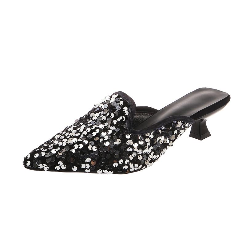 Fashion Glitter Cloth Fine Heel Top Slippers Summer New Pointy Buckle Cover Foot Anti-slip and Wear-resistant Heel Shoes