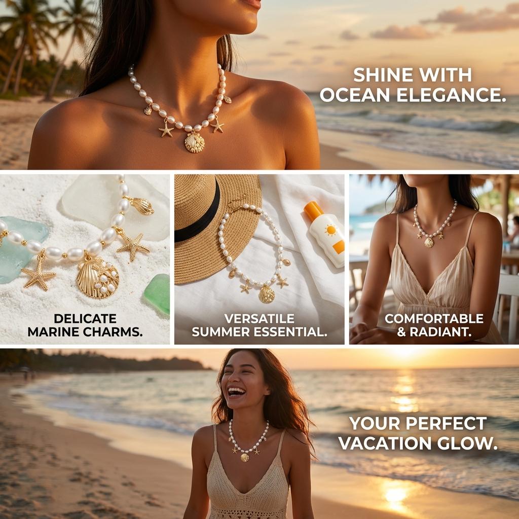 Elegant Imitation Pearl Chain Necklace for Women Boho Metal Shell Starfish Conch Pendant Necklace Exquisite Summer Jewelry