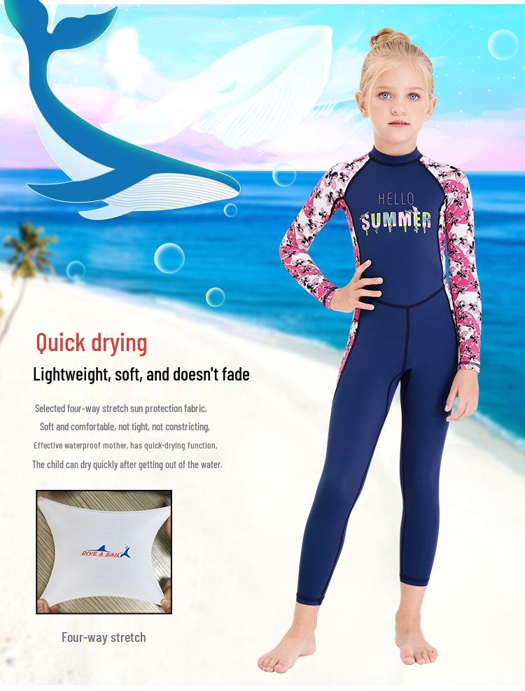 Children's Long Sleeve One-Piece Swimsuit - Girls' Quick-Drying Sunscreen Diving Suit