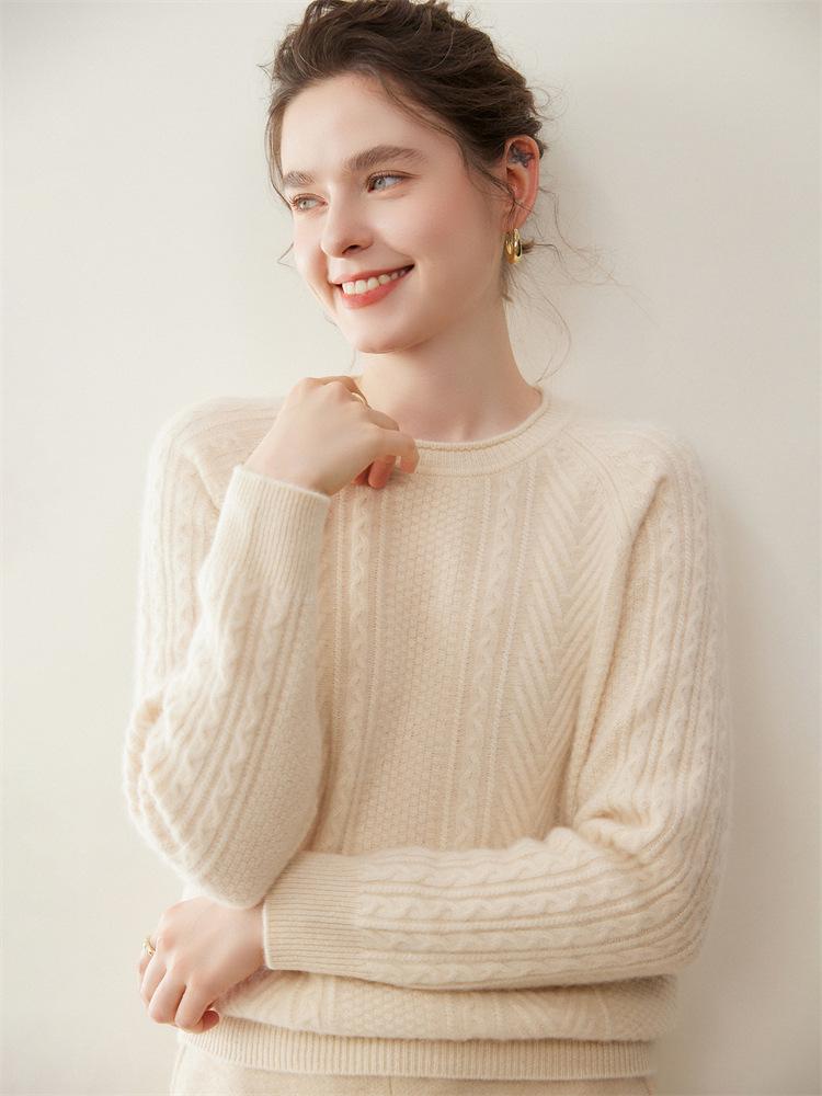 Women's Cashmere Raglan Cable Knit Sweater - 7-Gauge Double-Strand, Round Neck, Rolled Edge, Extra-Thick, Long-Sleeve Pullover.