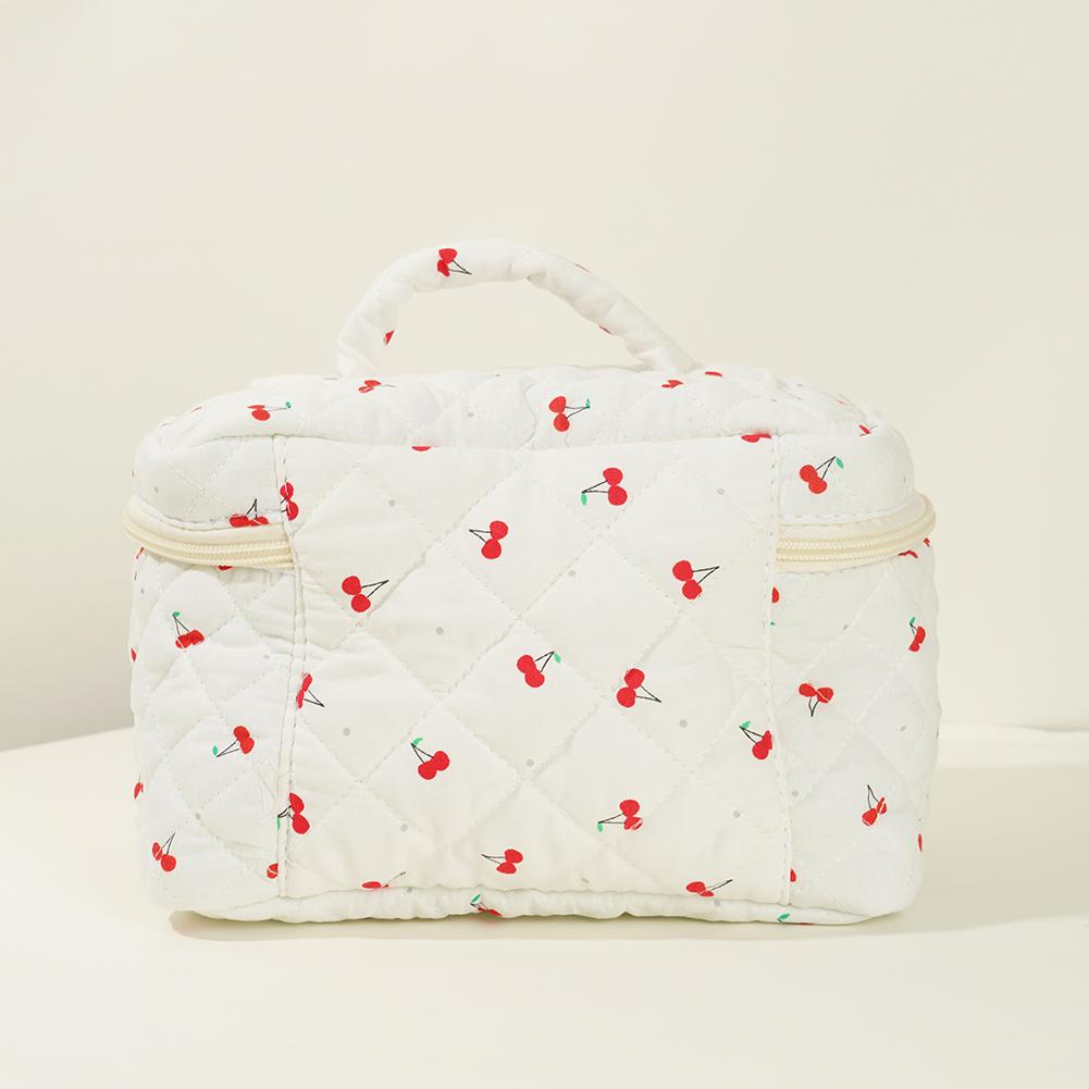 Women Quilted Makeup Bag Cosmetic Organizer Bag Large Capacity Aesthetic Cosmetic Bag Cherry Pattern Cute Toiletry Bag