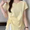 Women's Solid Color T-shirt Crew Neck Lace Up Pleated Ladies Short Sleeved T-shirts Summer Casual Irregular Famale Top