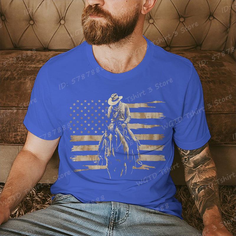 Cowboy with American Flag Pattern Print T Shirt Tees for Men Casual Short Sleeve TShirt for Summer Vintage Graphic Tshirts