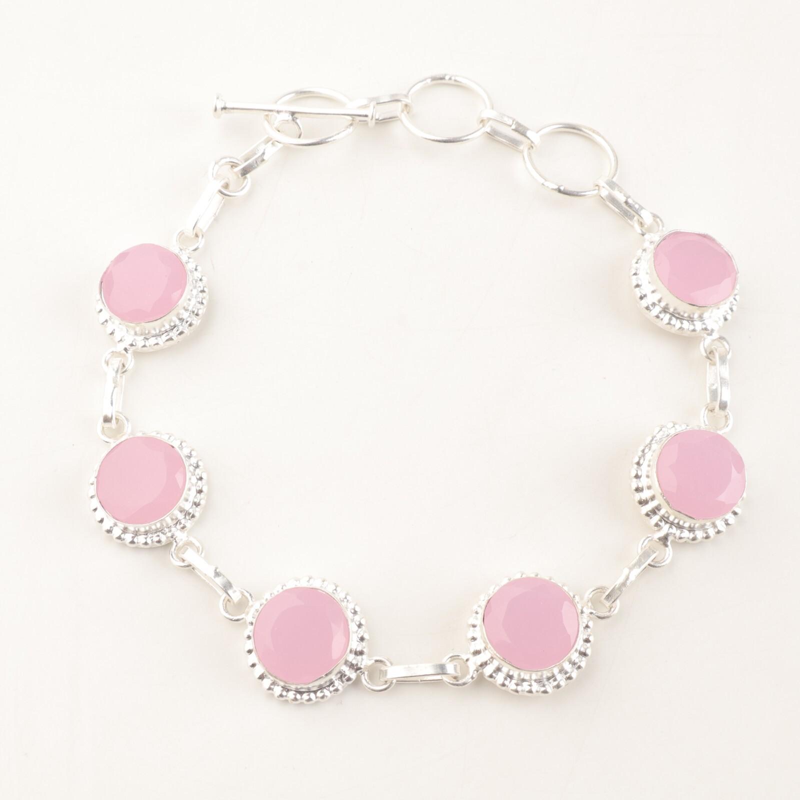 

Rose Chalcedony Gemstone 925Sterling Silver Jewelry Handmade Chain Bracelet 9 RB-9-17