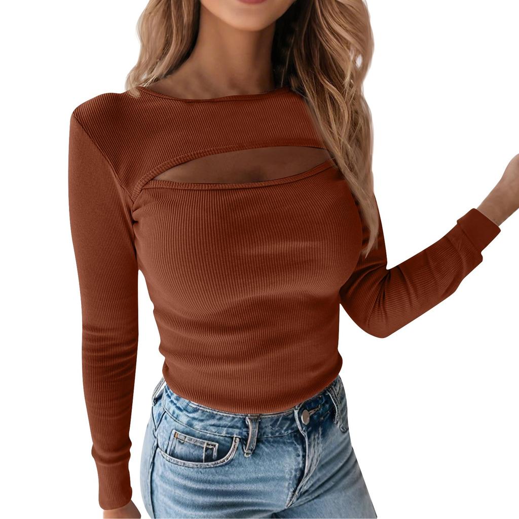 Dámské módní a sexy žebrované topy s výstřihem na hrudi a dlouhým rukávem