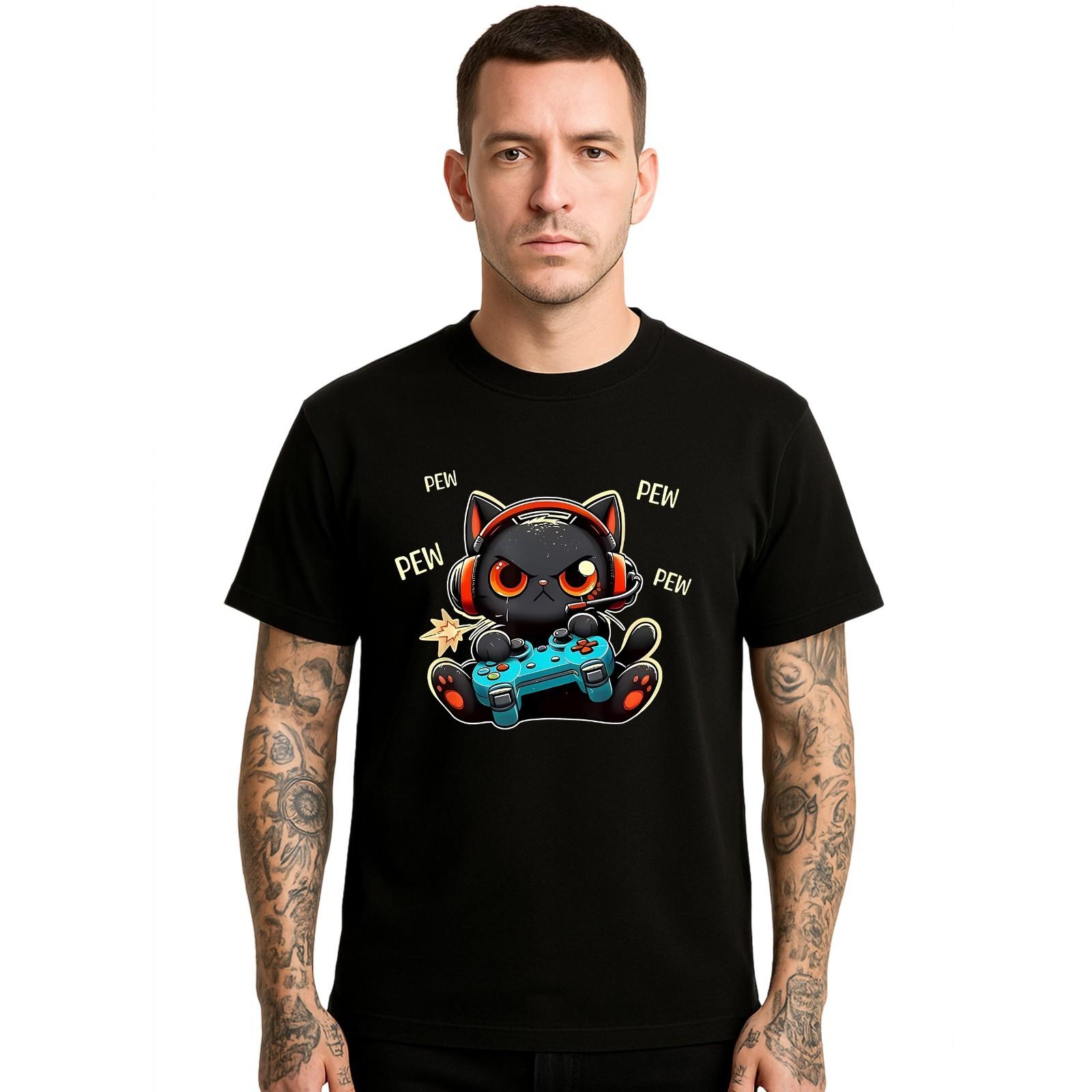 Cute Gamer Cat Pew Pew Anime Novelty Men s T Shirt Funny Party Shirt Top S разноцветный