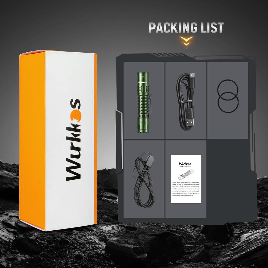 Wurkkos TD02 LED Taktyczna Kieszonkowa Ładowalna Latarka 2000 Lumenów EDC z Portem Ładowania i Tylnym Włącznikiem Odpowiednia do Aktywności na Zewnątrz i w Pomieszczeniach