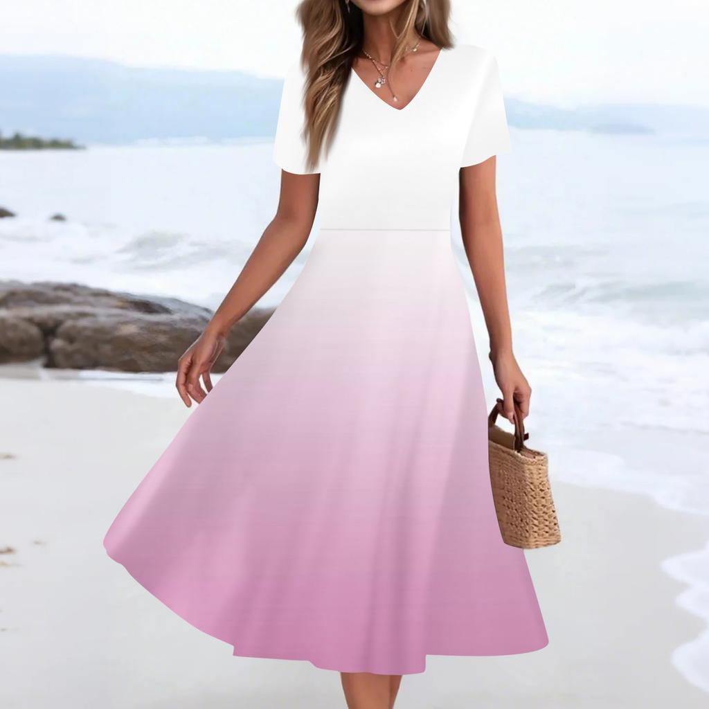 Damen Sommer Freizeitmode Druck Tasche Kurzarm V-Ausschnitt Schwingkleid