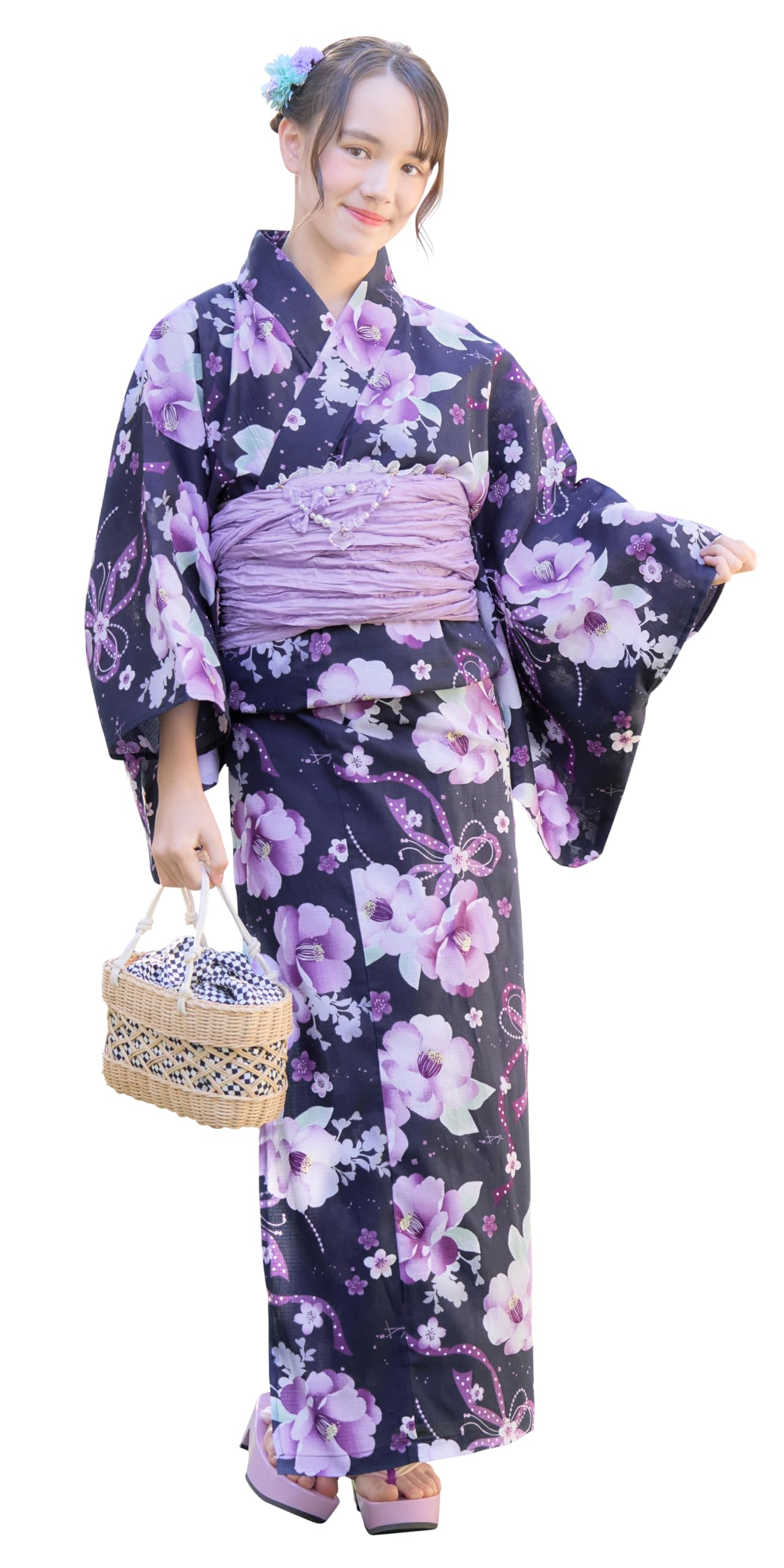 

Yukata for Children set of Yukata Waist Strap Watercolor Camellia Navy 150cm [Arisana] Children, Girls, (4-piece + + Obi)