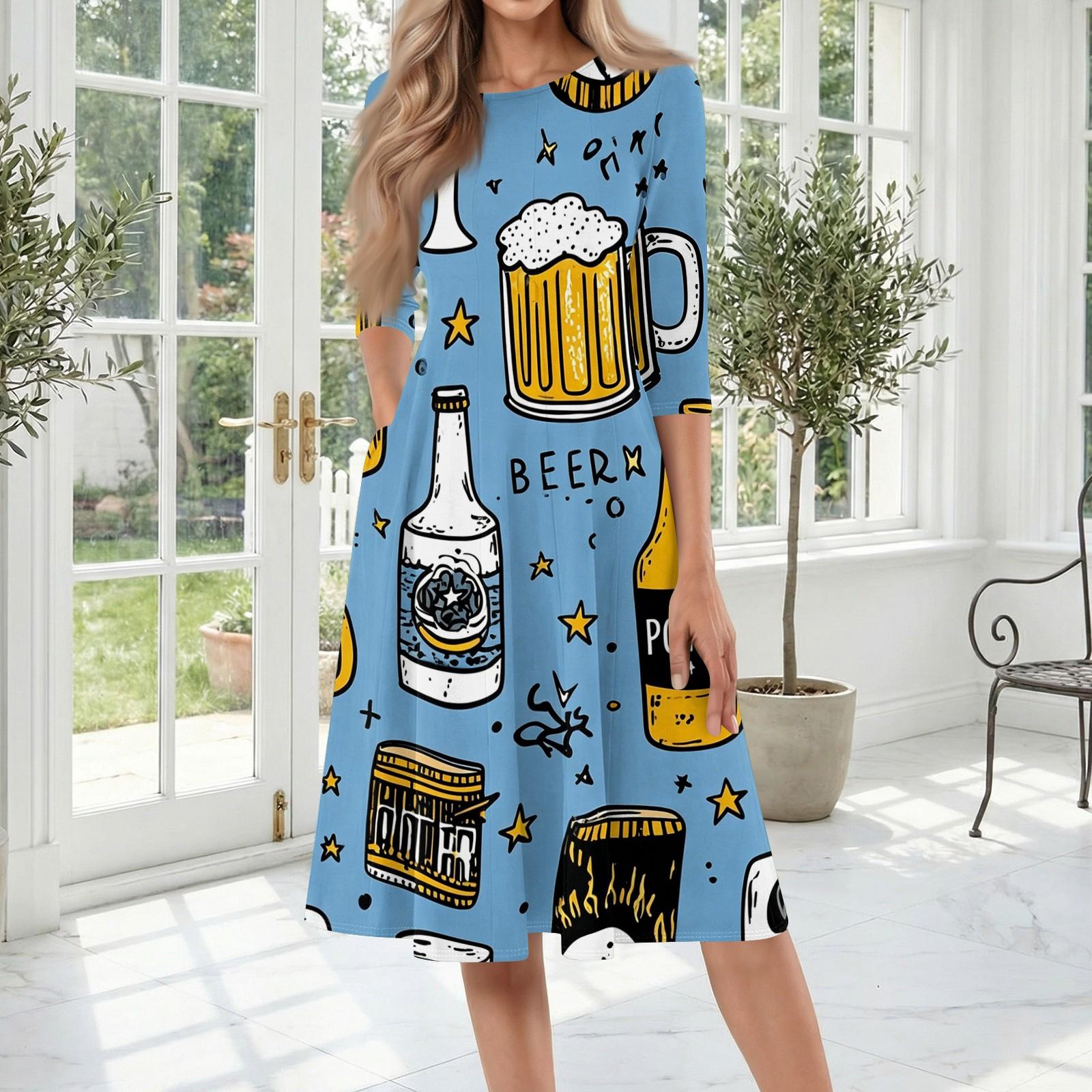 

Women Casual Round Neck Three Quarter Sleeve Mid Length Dress with Printed Design Suitable for Festive and Everyday Wear M