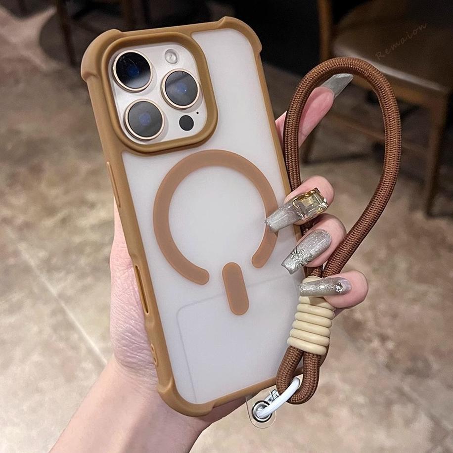 Phone Case For iPhone 16E 15 14 16 Plus 11 12 13 16 Pro Max Magnetic Wrist Strap Magsafe Lanyard Protector Shockproof Cover