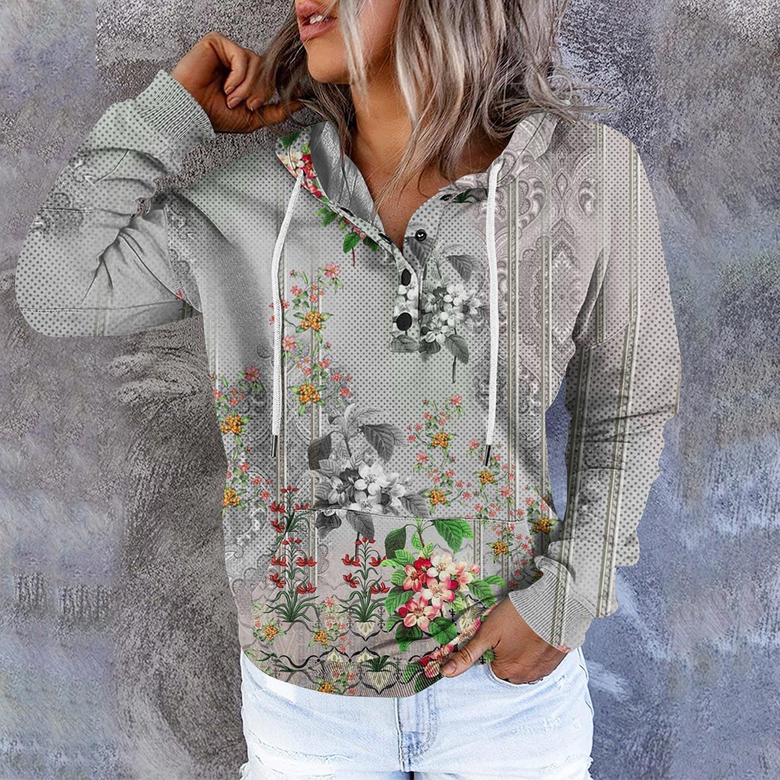 

Женские повседневные модные винтажные пуловеры с длинными рукавами и пуговицами с принтом, толстовки с капюшоном