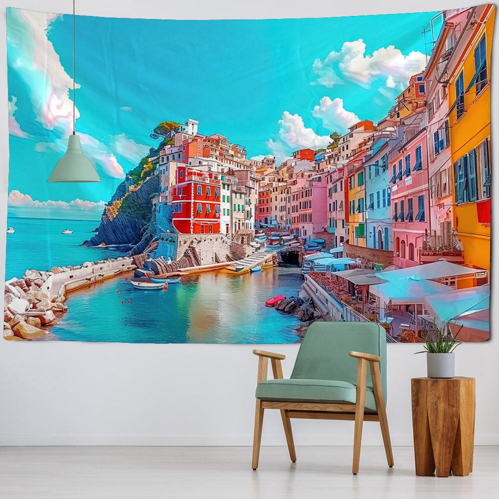 Sea View Oil Painting Printed Tapestry Wall Hanging Living Room Bedroom Wall Decoration Outdoor Picnic Bed Sheets Beach Mats