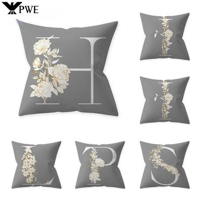Grey Alphabetic Cushion Cover Polyester Cushion Cover Flowery Print Sofa Decoration Cushion  Home Decor Pillow Cover 45x45cm