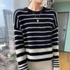 Women's Striped Wool Round Neck Cashmere Sweater - Autumn/Winter Style, 100% Pure Wool Color-Block Top