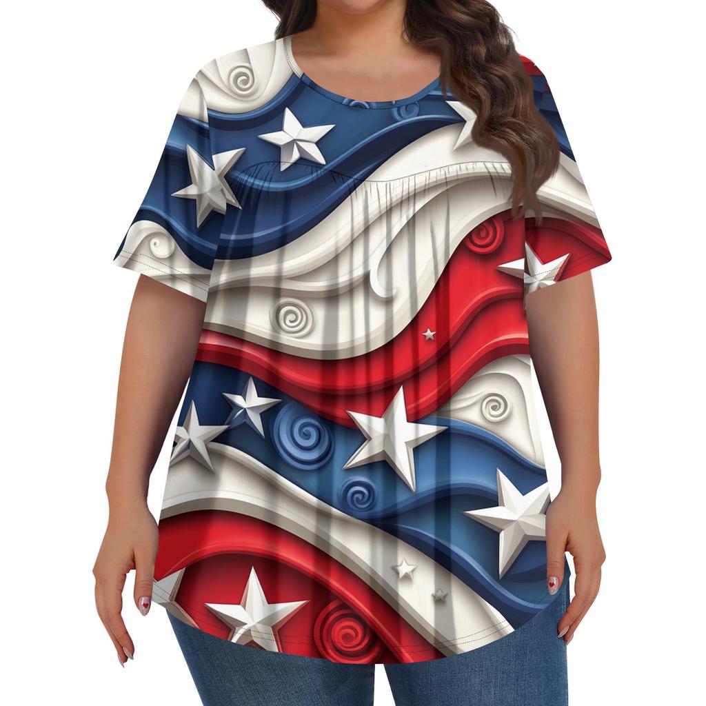 Damenmode, Übergröße, lässig, kurzärmliges Oberteil mit Rundhalsausschnitt und Falten vorne zum Unabhängigkeitstag-Aufdruck