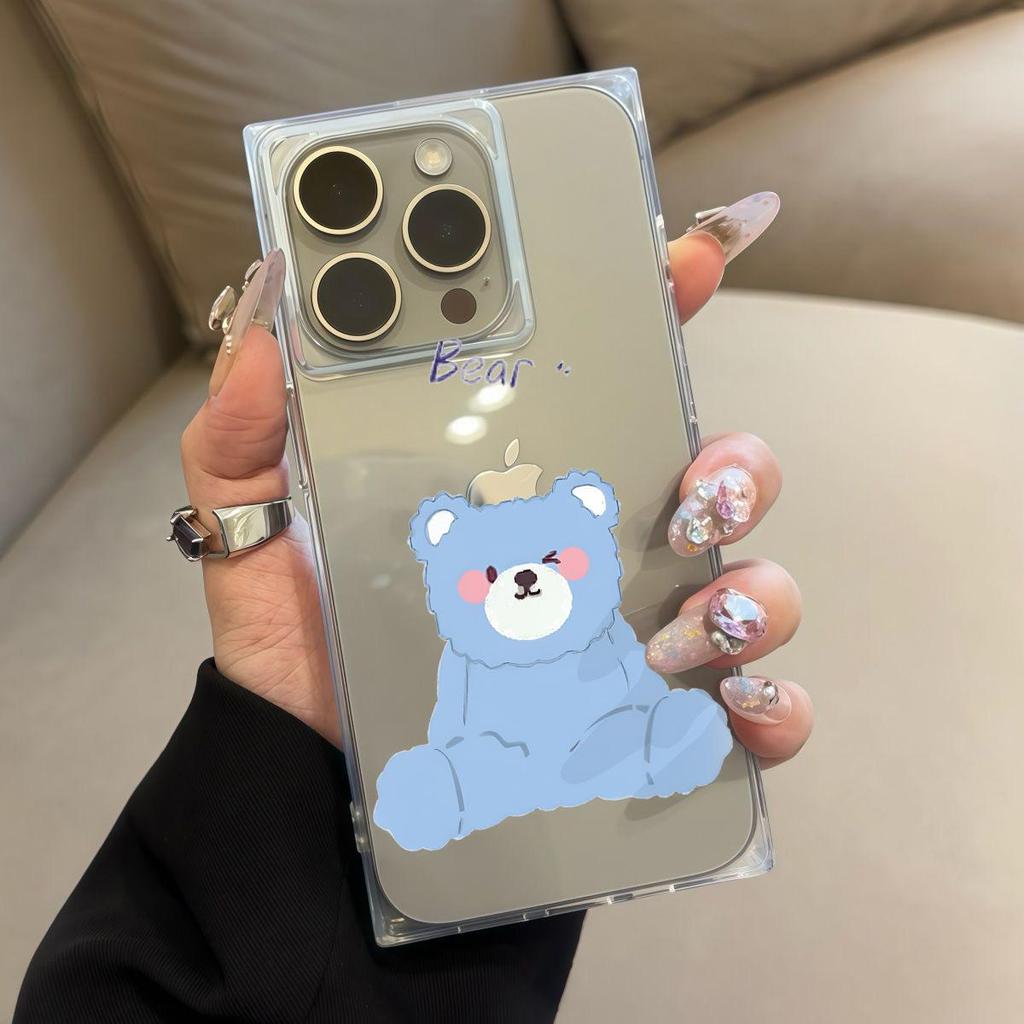 Square Back Tube Protection Clear Case For iPhone 12 13 16 ProMax 11 15 Plus 14 Pro Max Anti-Oxygen,Blue Bear Pattern Casing