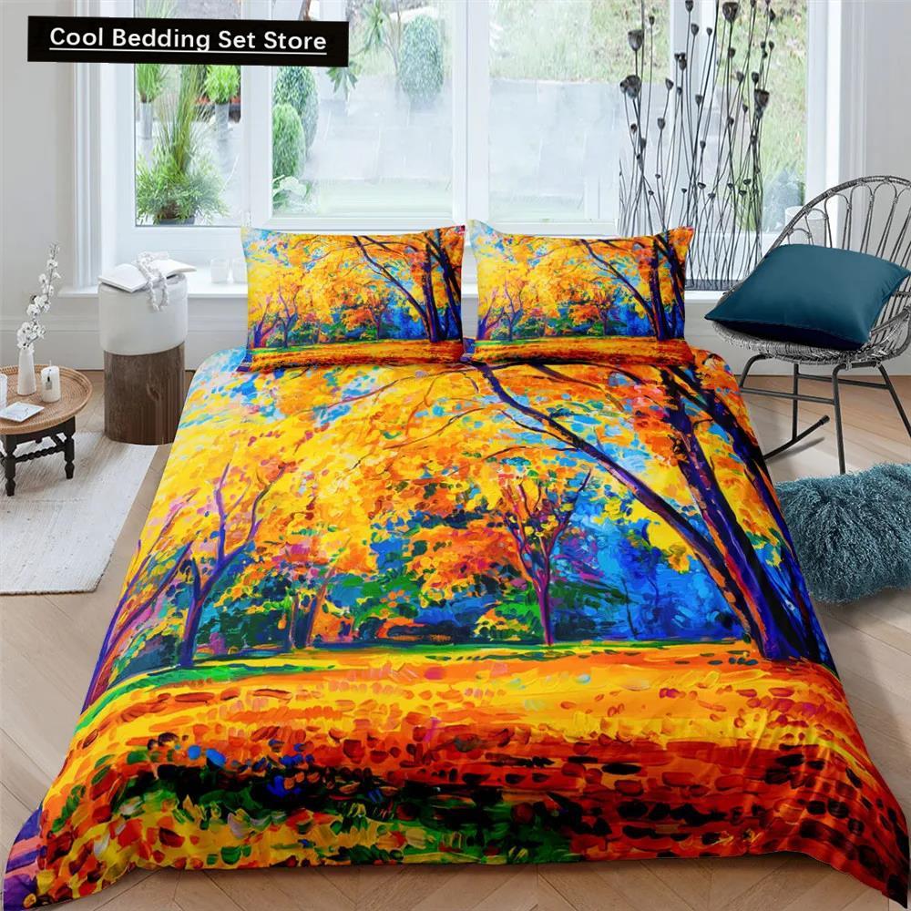 Comforter Oil Painting Landscape King Queen Natural Scenery Bedding Set Teen Adult Floral Ocean Building Polyester