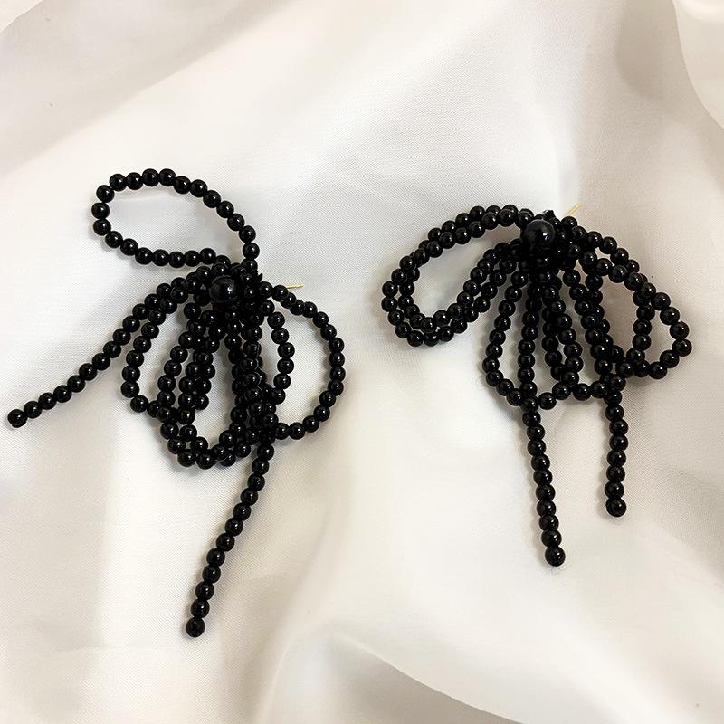 Korean Dongdaemun Style Long Pearl Bow Earrings - Influencer Super Fairy Exaggerated Dangle Design