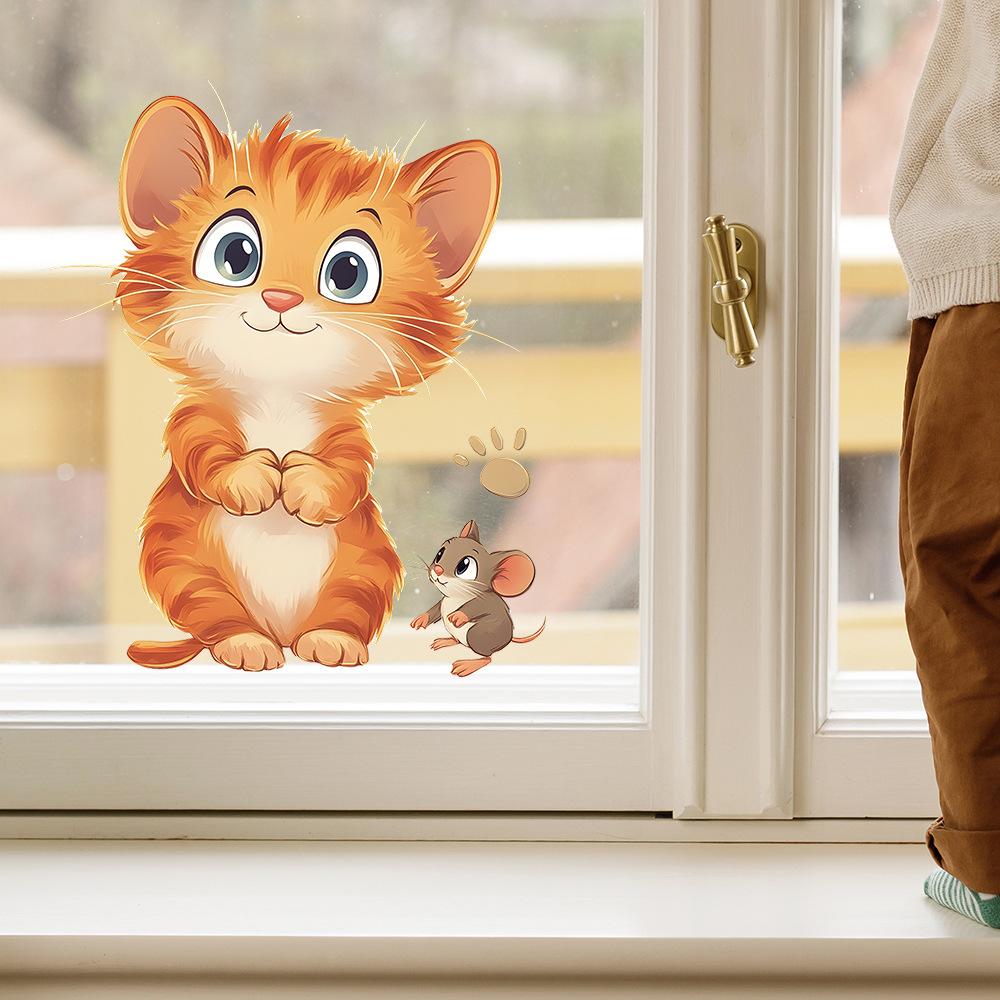 Cartoon Cat and Mouse Wall Sticker for Bedroom Living Room Background Decor Removable Self-Adhesive Decal