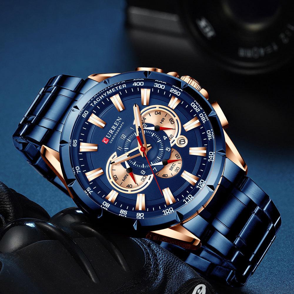 CURREN 8363 Men's Waterproof Quartz Steel Band Watch with Multifunctional Seven-Needle Design and Calendar/Weekday Display.