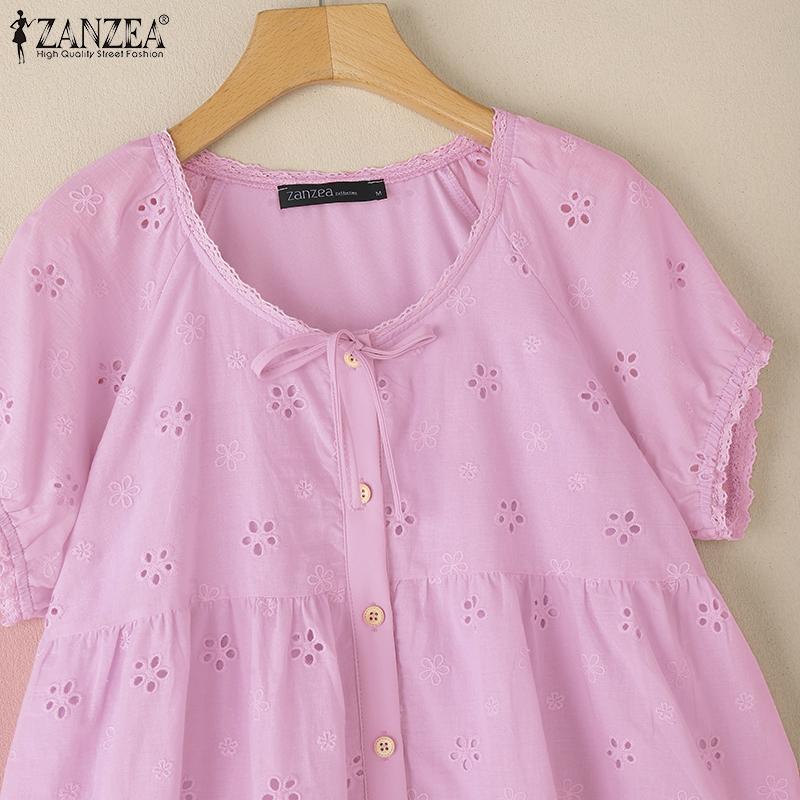 ZANZEA Damen Casual Rundhals Lose Stickerei Häkeln Kurzarm Bluse