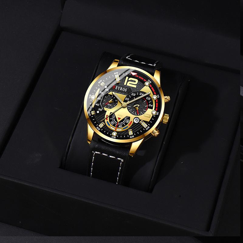 3PCS Set Men  Luxry Classic Watches Leather Watch Band Round Wrist Watch for Male Wristwatch Bracelet Necklace Man Gift