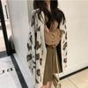 Autumn and Winter Fashion Pink V-neck Leopard Print Ladies Sweater Jacket, Loose and Thin Lazy Style Black Wool Knit Cardigan