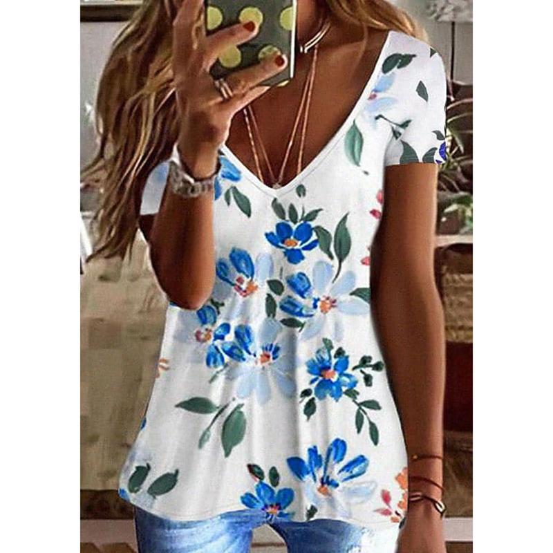 Summer V-neck 3D Printed Top Fashionable Casual Short Sleeved Women's T-shirts