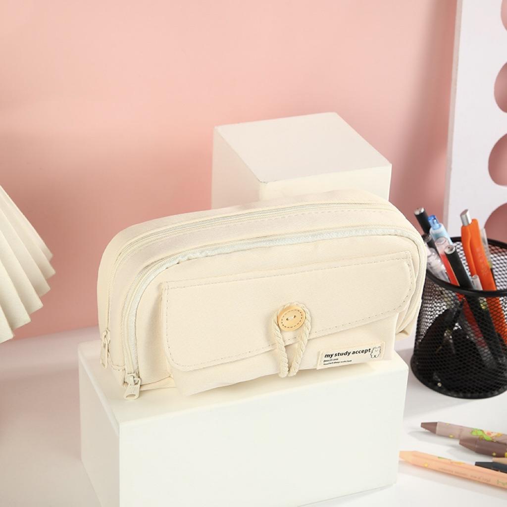 Button-layered Pen Case High Appearance Level Large-capacity Canvas Pencil Case Simple Stationery Bag