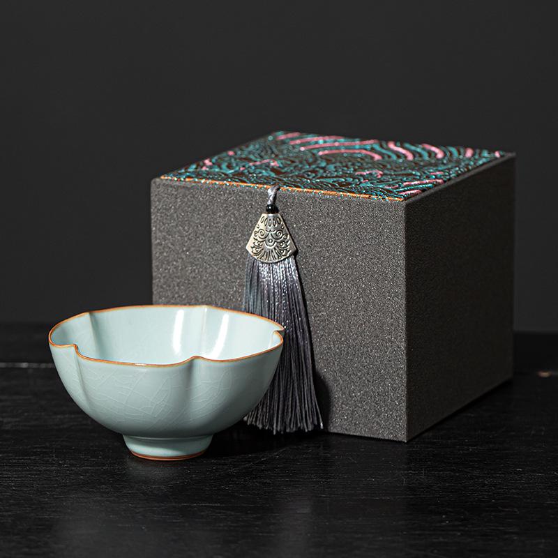 Ru Kiln Crackled Ceramic Gongfu Tea Tasting Cup - Cultivable Master Cup in Gift Box Packaging.