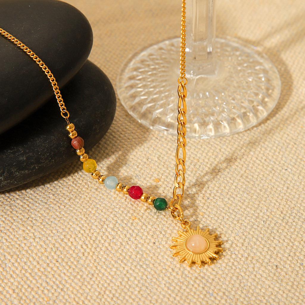 French style vintage 18K gold stainless steel sun cat's eye stone pendant necklace colorful stone titanium steel necklace