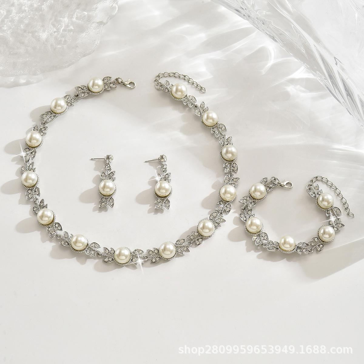 

Винтажная Мода Жемчужное Ожерелье Серьги Браслет Набор, Свадебные Аксессуары
