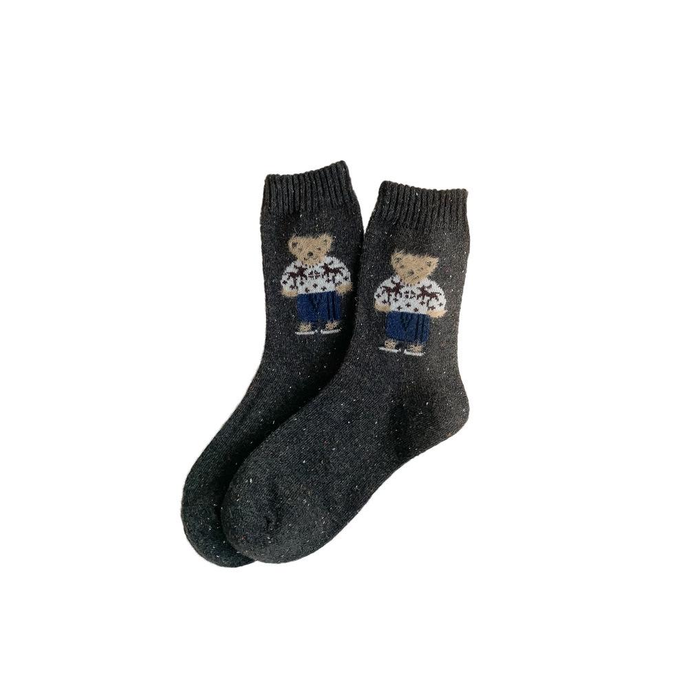 Chaussettes en laine épaisses et chaudes, Chaussettes mi-mollet Ours, Chaussettes en laine bouclette à fil moucheté, Chaussettes style écolière pour filles