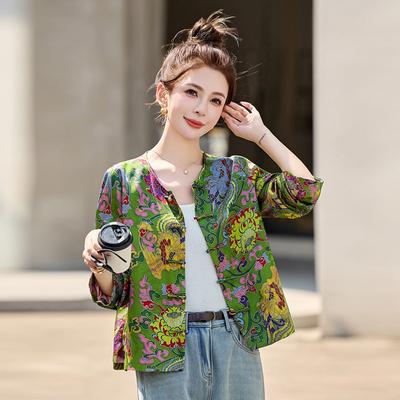 Retro Chic Printed Short Coat, Spring New Ethnic Style Disc Button Round Neck Top for Women
