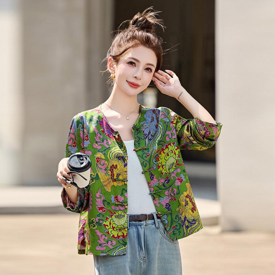 

Retro chic printed short coat, spring new ethnic style disc button round neck top for women S grass зелений колір