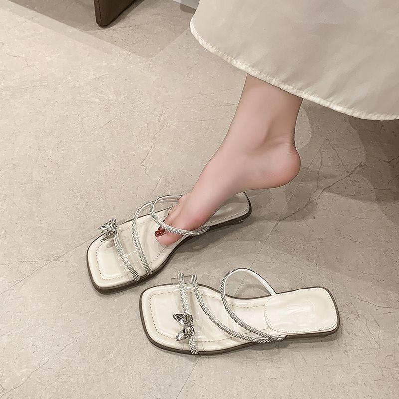 Fashion versatile and comfortable one-word slippers women's summer 2025 new rhinestone open-toed French temperament women's summer outer wear