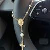 1pc Pink Pearl Cross Steering Wheel Rosary Ornament, Rosary Car Pendant Accessory, Unique Fashion Car Decor Accessory