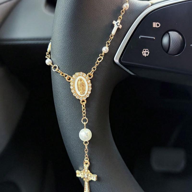 1pc Pink Pearl Cross Steering Wheel Rosary Ornament, Rosary Car Pendant Accessory, Unique Fashion Car Decor Accessory