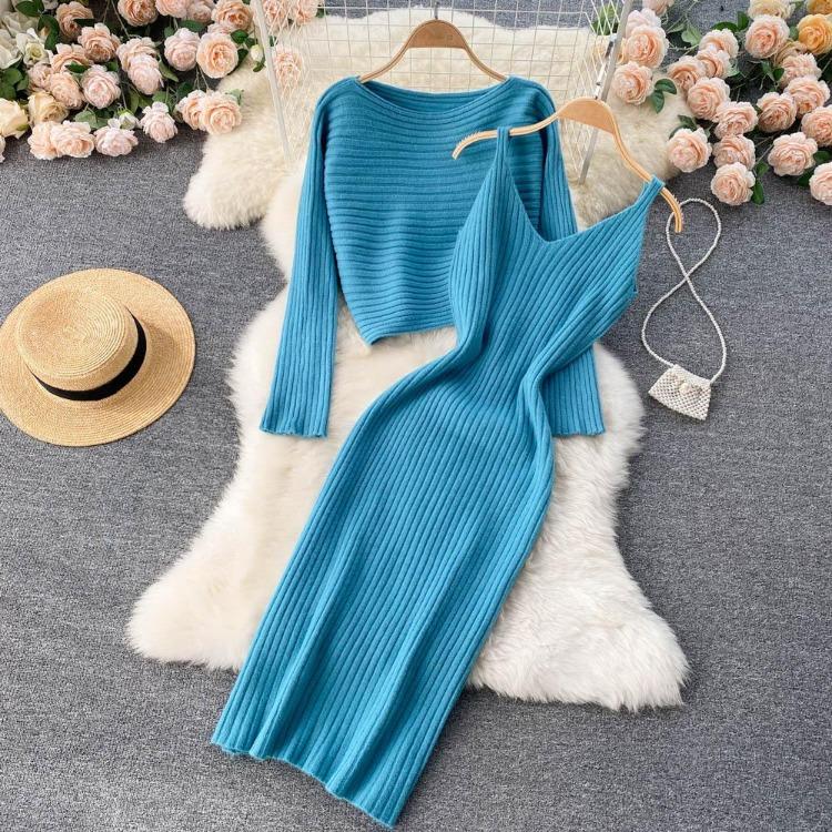 

Slim Two Piece Set Twist Crop Sweater Hip Dress Knit Set Solid Color Women All Match Autumn Winter For Ladies One Size синий