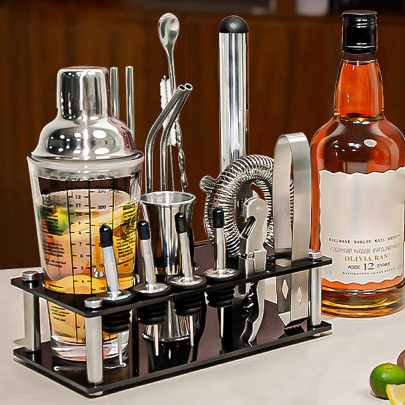 Clear Glass Mixing Cup with Liquid Scale, Metal Look Lid and Service Counter Use for Beverage Making Tasks Daily