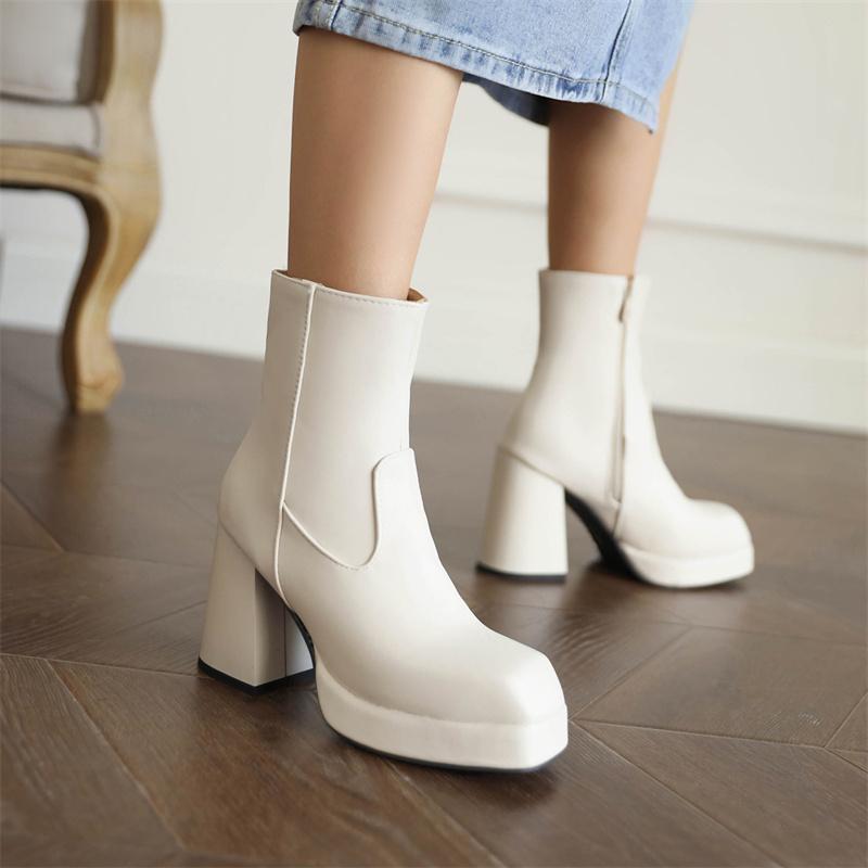 Mode 2024 Neue Damen Stiefeletten Plateau Weiß Schwarz Hohe Absätze Kurzer Stiefel Damen Herbst Winter Partyschuhe Damen Große Größe 45