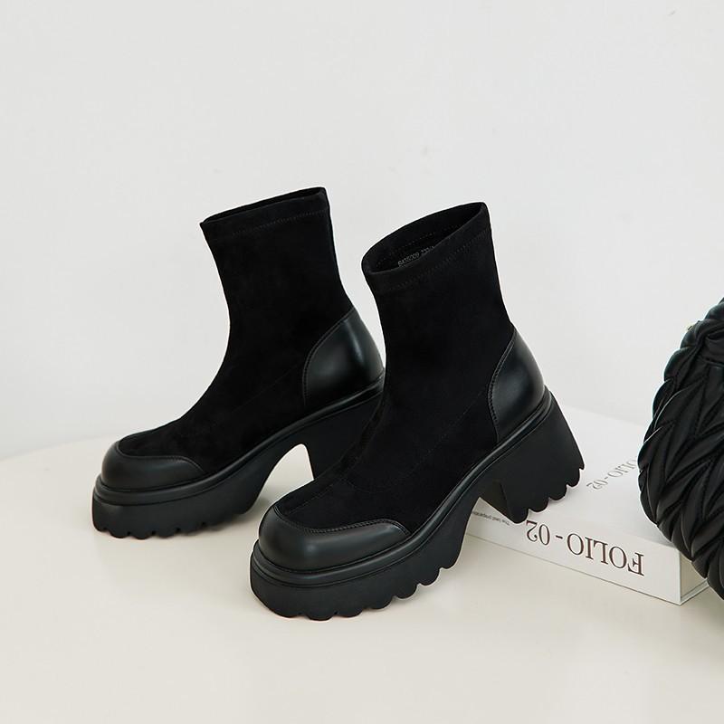 Autumn and Winter New Elastic Thin Boots Thick Heel Boots Fashionable Versatile Thick-soled British Style Mid-tube Boots Medium Heel Women's Boots