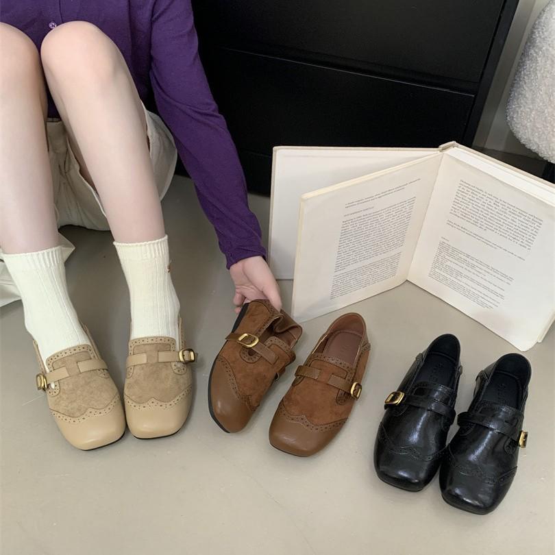 Retro Carved Square Head Shallow Mouth Single Shoes Flat-soled Small Leather Shoes Women's Niche Design French Mary Jane Shoes Autumn Women