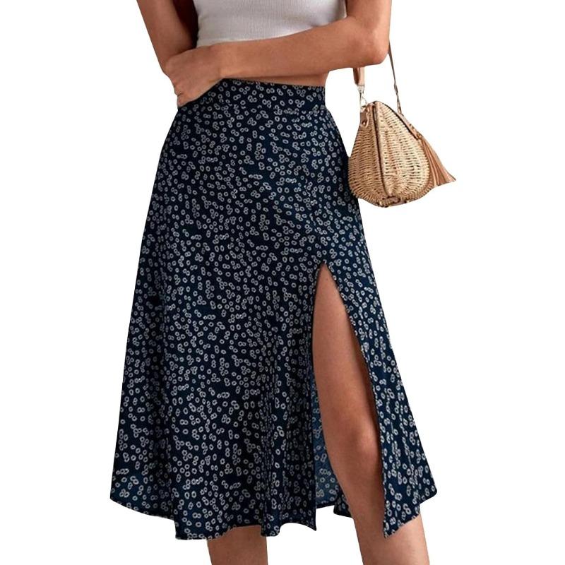 Ditsy Floral Boho Skirt for Women with Slit Summer High Waisted Flowy Midi Skirt Casual A-Line Split Beach Skirt